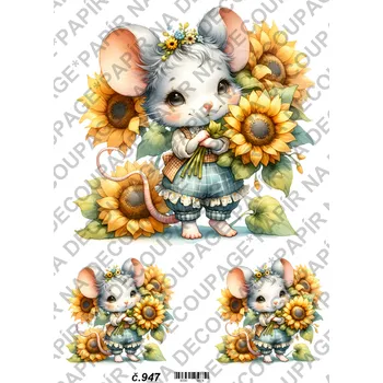 Umělecký papír Rýžový a soft papír na decoupage - Myška se slunečnicí - KB0947 Materiál: Soft, Rozměr: A4