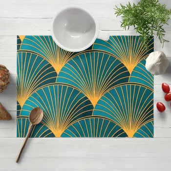 prostírání Bavlněné prostírání na stůl Sandra SA-575 Oranžové vějíře na zeleno-tyrkysovém 30x40 cm