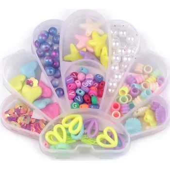 Dětské navlékací korálky Sada korálků s pruženkou v boxu mušle, jednorožec, medvídek, malé, 6 mix transparent mušle