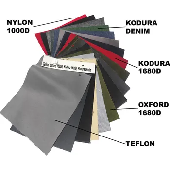 Vzorník voděodolných látek Teflon, Nylon 1000D, Oxford 1680d, Kodura 1680D, Kodura Denim, 15x20 cm