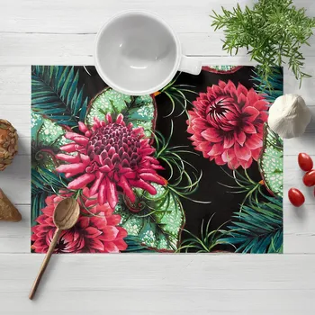 prostírání Bavlněné prostírání na stůl Sandra SA-566 Velké tropické květy a listy na černém 30x40 cm