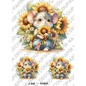 Umělecký papír Rýžový a soft papír na decoupage - Myška se slunečnicí - KB0948 Materiál: Soft, Rozměr: A4