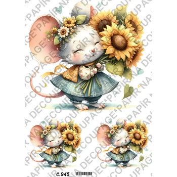 Umělecký papír Rýžový a soft papír na decoupage - Myška se slunečnicí - KB0945 Materiál: Soft, Rozměr: A4