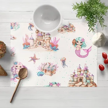 prostírání Dětské bavlněné prostírání na stůl Sandra SA-567 Mořské víly a království na bílém 30x40 cm