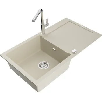 Kuchyňský dřez MEXEN/S - Leo granitový dřez 1 s odkapávačem včetně baterie Flora, béžováy 6501-69-670401-00