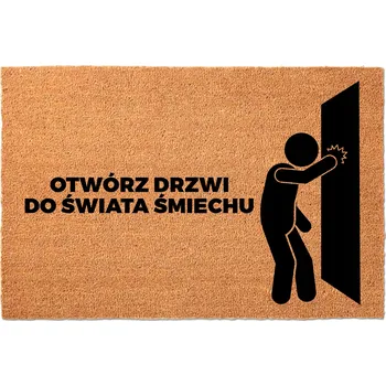 Rohožka KOKOSOVÁ ROHOŽKA 40X60 BÉŽOVÁ KE DVEŘÍM NÁPIS SVĚT SMÍCHU ZA DVEŘMI