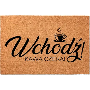 KOKOSOVÁ ROHOŽKA 40X60 BÉŽOVÁ NA DVEŘE S HUMORNÝM NÁPIS VEJDĚTE! KÁVA ČEKÁ!