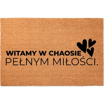 Rohožka KOKOSOVÁ ROHOŽKA 40X60 BÉŽOVÁ KE DVEŘÍM NÁPIS CHAOS A LÁSKA VÍTÁJÍ!