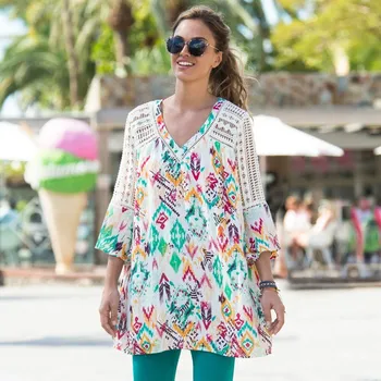 Dámské tričko Rozšířená tunika s macramé a potiskem bílá/tyrkysová 38