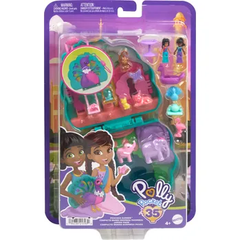 Panenka Mini panenka Polly Pocket, 2 mikro panenky, 12 doplňků – sada Zahrada s páví tématikou