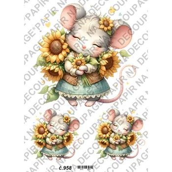 Umělecký papír Rýžový a soft papír na decoupage - Myška se slunečnicí - KB0958 Materiál: Soft, Rozměr: A4