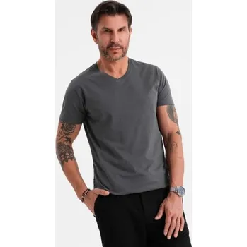 Pánské tričko Pánské klasické bavlněné tričko BASIC s výstřihem do V - grafitové V3 OM-TSBS-0237