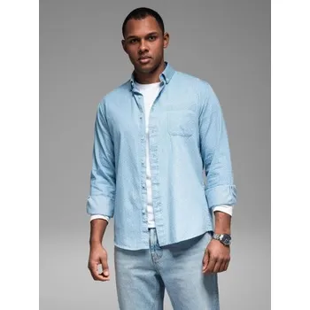 Pánské oblečení Pánská vzorovaná tenká džínová košile s kapsou – světle modrá V1 OM-SHDS-0179