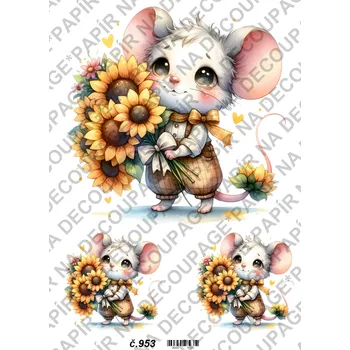 Umělecký papír Rýžový a soft papír na decoupage - Myška se slunečnicí - KB0953 Materiál: Soft, Rozměr: A4