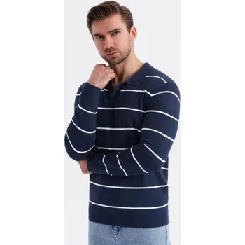 Pánské polo tričko s dlouhým rukávem, vodorovnými pruhy a viskózou – tmavě modré a bílé V1 OM-POLS-0146