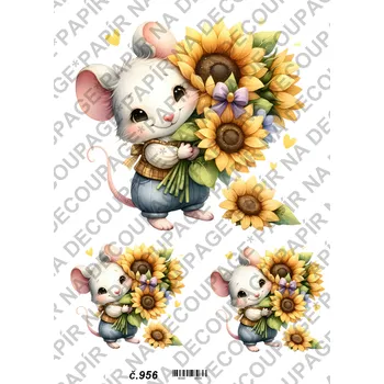 Umělecký papír Rýžový a soft papír na decoupage - Myška se slunečnicí - KB0956 Materiál: Soft, Rozměr: A4