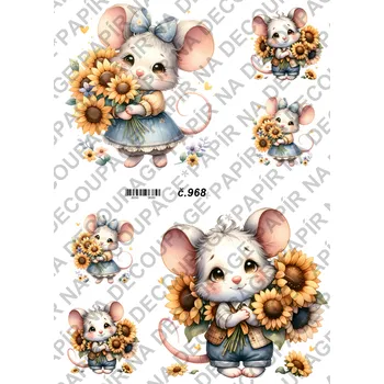 Umělecký papír Rýžový a soft papír na decoupage - Myška se slunečnicí - KB0968 Materiál: Soft, Rozměr: A4