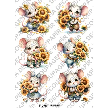 Umělecký papír Rýžový a soft papír na decoupage - Myška se slunečnicí - KB0970 Materiál: Soft, Rozměr: A4