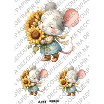 Umělecký papír Rýžový a soft papír na decoupage - Myška se slunečnicí - KB0954 Materiál: Soft, Rozměr: A4