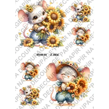 Umělecký papír Rýžový a soft papír na decoupage - Myška se slunečnicí - KB0964 Materiál: Soft, Rozměr: A4