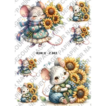 Umělecký papír Rýžový a soft papír na decoupage - Myška se slunečnicí - KB0962 Materiál: Soft, Rozměr: A4