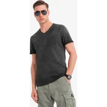 Pánské bavlněné tričko s výstřihem do V a efektem praní - černé V6 OM-TSWT-0242