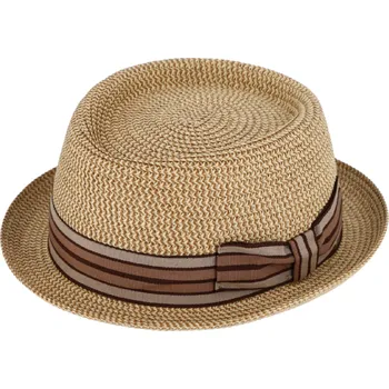 Klobouk Fiebig - Headwear since 1903 Béžový porkpie klobouk od Fiebig - dvoubarevná stuha Velikost: 55 cm (S)