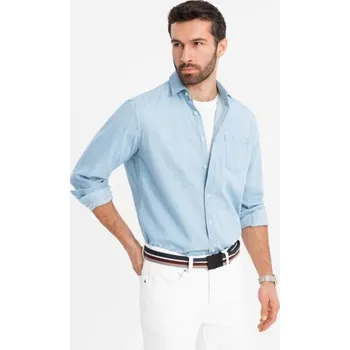 Pánská džínová košile s vyšívanou kapsou - světle modrá V1 OM-SHDS-0181