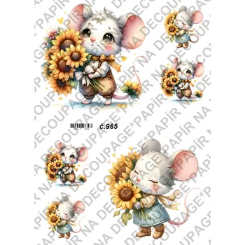 Umělecký papír Rýžový a soft papír na decoupage - Myška se slunečnicí - KB0965 Materiál: Soft, Rozměr: A4