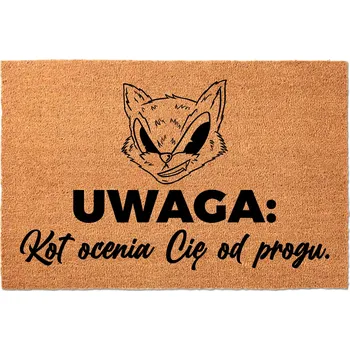 KOKOSOVÁ ROHOŽKA 40X60 BÉŽOVÁ KE DVEŘÍM S VTIPNÝM NÁPIS KOČKA UŽ TĚ HODNOTÍ