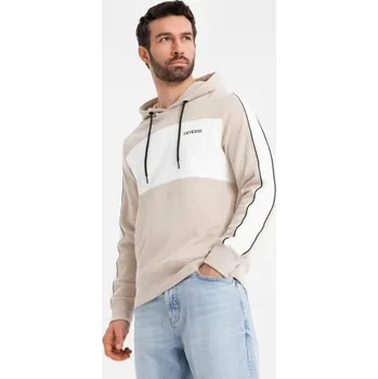 Pánská mikina Pánská bavlněná mikina s kapucí a kontrastními prvky - béžová V2 OM-SSNZ-0225
