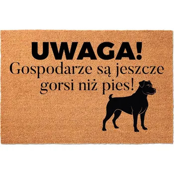 KOKOSOVÁ ROHOŽKA 40X60 BÉŽOVÁ KE DVEŘÍM S VTIPNÝM NÁPIS "HOSTITELÉ > PES"