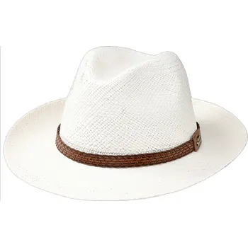 Klobouk Fiebig - Headwear since 1903 Letní bílá ekvádorská panama Fedora - ručně pletený - s koženou stuhou Velikost: 59 cm (L)