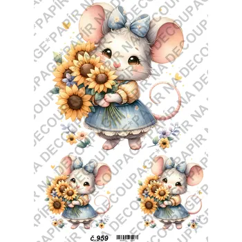 Umělecký papír Rýžový a soft papír na decoupage - Myška se slunečnicí - KB0959 Materiál: Rýžový papír, Rozměr: A4
