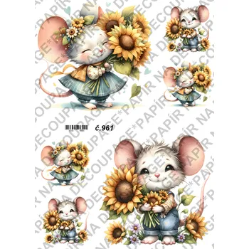 Umělecký papír Rýžový a soft papír na decoupage - Myška se slunečnicí - KB0961 Materiál: Soft, Rozměr: A4