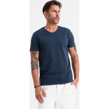 Pánské tričko Pánské klasické bavlněné tričko BASIC s výstřihem do V – tmavě modré V2 OM-TSBS-0237