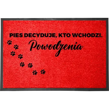 VSTUPNÍ ROHOŽKA MONOCHROM 40X60 ČERVENÁ NÁPIS PES VYBÍRÁ NÁVŠTĚVY