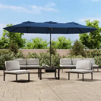 Stínicí technika Dvojitý zahradní slunečník s LED, modrý, 449 x 245 cm