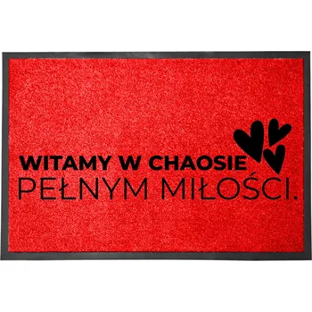 Rohožka VSTUPNÍ ROHOŽKA 40X60 ČERVENÁ HUMOR HIT NÁPIS CHAOS A LÁSKA VÍTAJÍ!
