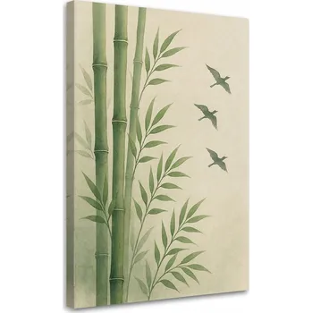 Obraz Obraz do obýváku, Bambusové Listy Akvarel Zeleň Ptáci Příroda 40x60