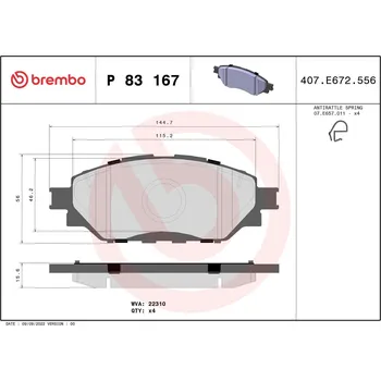 Brzdová destička Sada brzdových destiček, kotoučová brzda BREMBO P 83 167