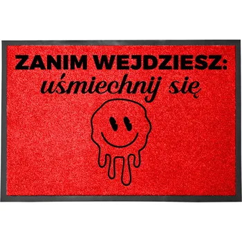 VSTUPNÍ ROHOŽKA 40X60 ČERVENÁ KE DVEŘÍM S HUMORNÝM NÁPIS "USMĚJ SE"