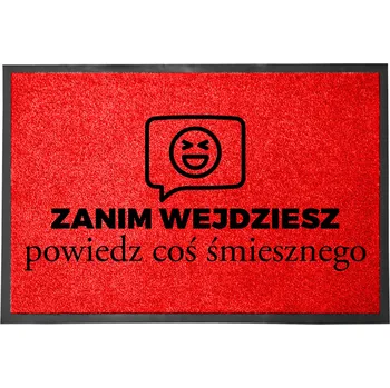Obraz VSTUPNÍ STĚRAČ 40X60 ČERVENÝ HIT NÁPIS NEŽ VSTOUPÍTE – POBAVTE NÁS