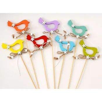 Zápich dřevěné dekorace - PTÁČEK S KYTIČKOU - MODRÝ