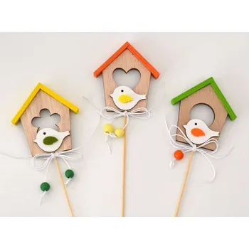 Velikonoční dekorace Zápich dřevěné dekorace - BUDKA S PTÁČKEM - ZELENÁ