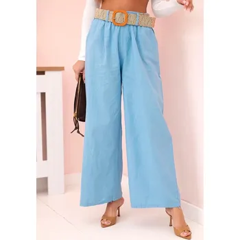 Dámské kalhoty Široké lněné kalhoty s páskem model 9806-1 světle modré