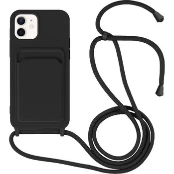 Pouzdro na mobilní telefon Silikonový kryt se šňůrkou a kapsou na karty pro iPhone 12 / 12 Pro - černý