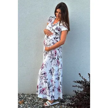 Těhotenské šaty Mama L'amour Dlouhé těhotenské a kojící šaty 3v1 Shine bílé květinové Velikost: L