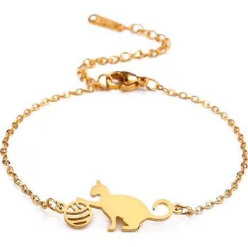 Náramek Kočičí paní Náramek s kočkou a klubíčkem - chirurgická ocel - stříbrná, zlatá Barva: zlatá
