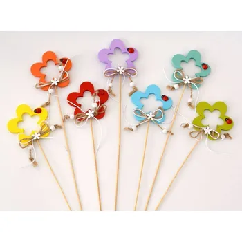 Zápich dřevěné dekorace - KVĚT S BERUŠKOU - MODRÝ